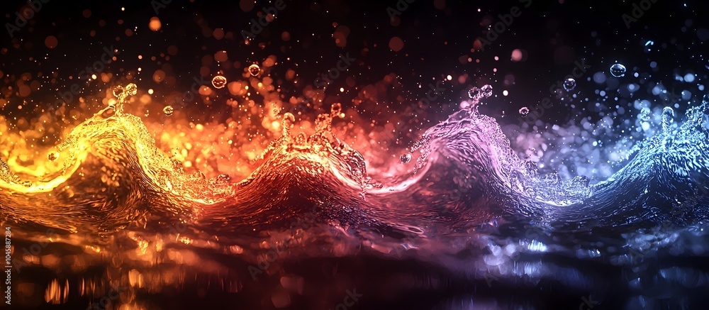 Poster vibrant waves of color blend harmoniously, showcasing fiery oranges and cool blues as water splashes