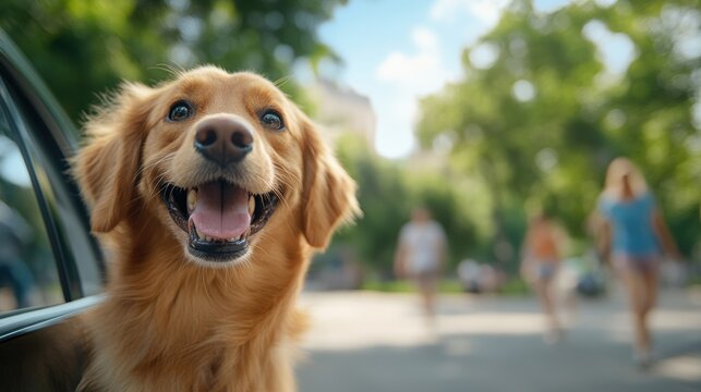 Happy golden retriever looking out of car window in sunny park. Close-up of smiling dog enjoying a ride.