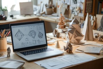 A bright workspace showcases a laptop with geometric designs, surrounded by paper models and sketches scattered on a wooden table. Generative AI