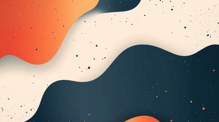 Abstract wavy background with orange, beige, and dark blue curved shapes and scattered dots.
