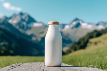 Bottle of milk with snow capped mountains in the background