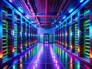 Fototapeta premium Vibrant Futuristic Neon Data Center with Bright Colors and High-Tech Vibes for Innovative Technology Imagery