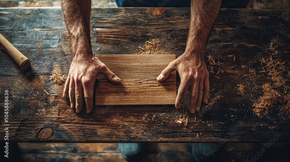 Wall mural craftsman's hands skillfully work on a wooden board. rustic workshop setting highlights woodworking 