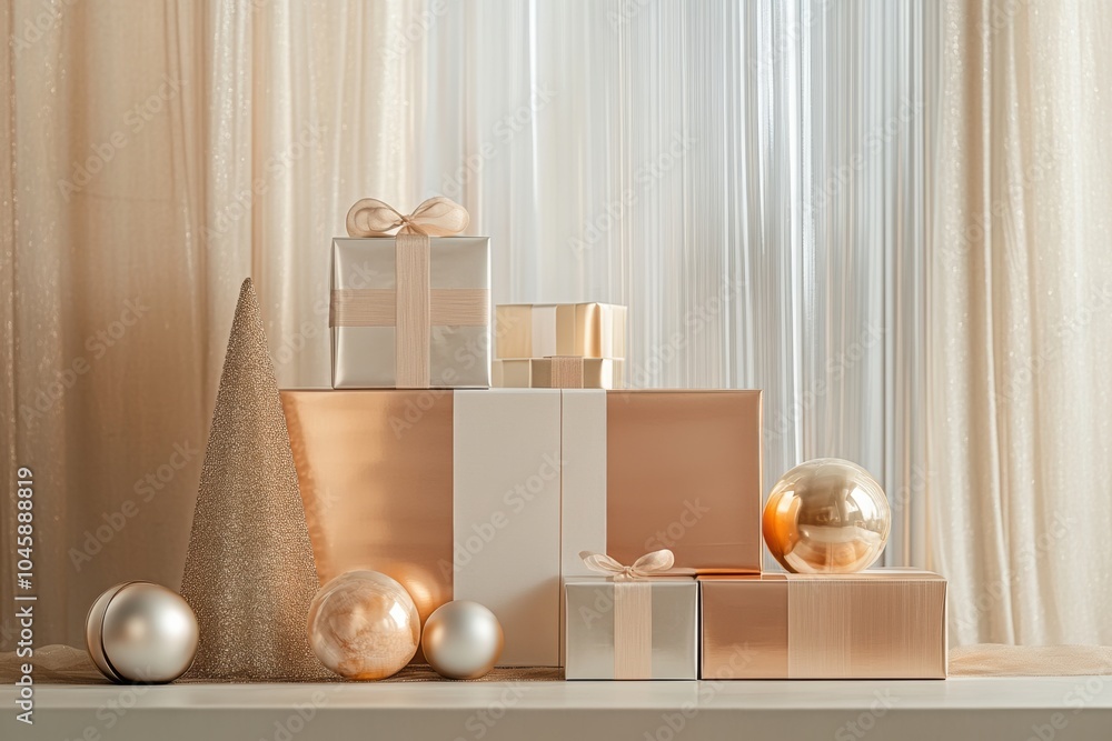 Poster A collection of stylish gift boxes and shimmering ornaments are beautifully arranged on a table, creating a festive atmosphere. Generative AI