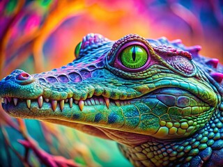 Vibrant Psychedelic Crocodile Portrait - Colorful Animal Art Photography