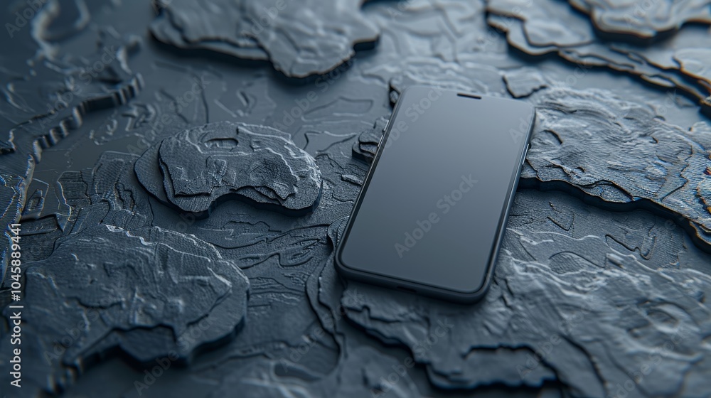 Poster a sleek smartphone is positioned on a textured dark surface featuring abstract rock-like shapes. the
