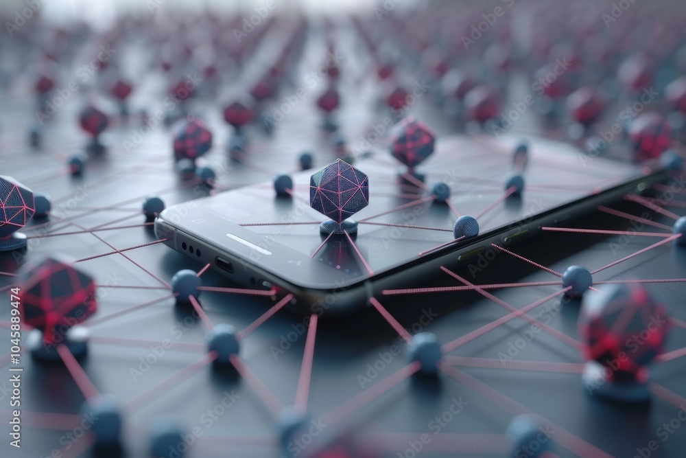 Poster a smartphone rests on a dynamic surface filled with colorful geometric shapes. the geometric forms i