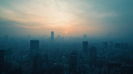 Fototapeta premium A breathtaking cityscape at dawn, showcasing skyscrapers silhouetted against a serene sunrise sky enveloped in misty ambiance.