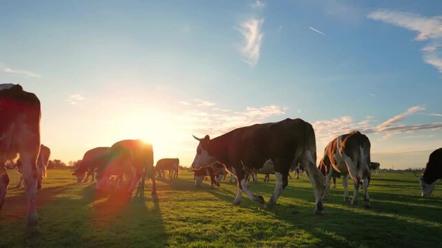 Cows grazing on pasture at sunset, landscape rural scene beautiful sunny day, low angle