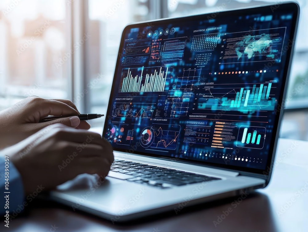 Poster person analyzing data on laptop screen with various graphs and charts, representing modern technolog