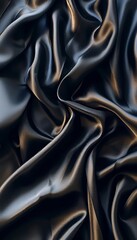 Obraz premium The smooth black satin fabric is elegantly draped, displaying its luxurious texture. Natural light enhances its sheen, creating captivating shadows and highlights across the surface.