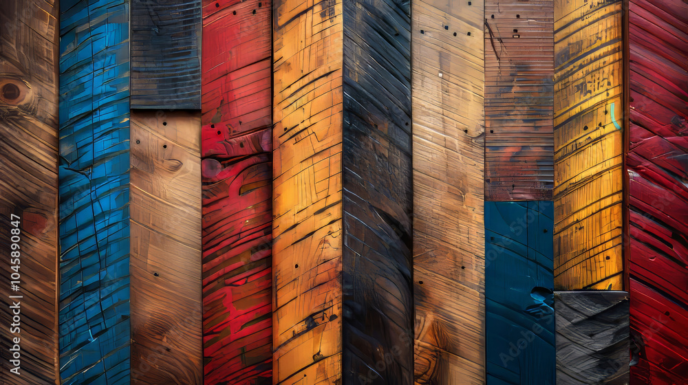 Poster a variety of wooden planks, painted in vibrant colors, create a bold visual effect as they are arran