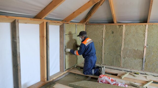 Insulation of a frame house with mineral wool. Cutting, fitting, laying insulation. Construction works.