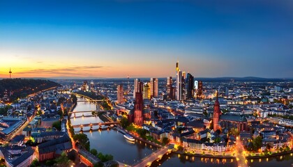 Fototapeta premium High resolution aerial panoramic view of Frankfurt, Germany after sunset