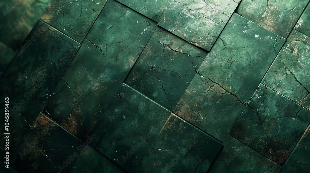 Poster the arrangement features overlapping green tiles with varying textures, creating an abstract look. n