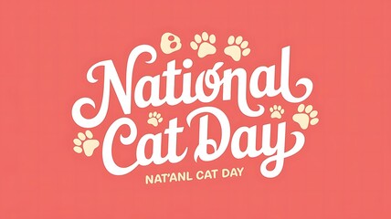 Obraz premium Playful Typography Design for National Cat Day Featuring Elegant Script and Bold Lettering on a Soft Coral Pink Background with Whimsical Paw Prints