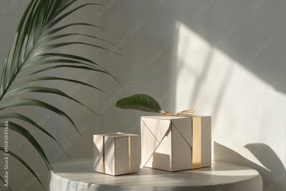 Fototapete Geometric gift boxes are placed elegantly on a round table, complemented by palm greenery and gentle shadows from the sunlight. Generative AI