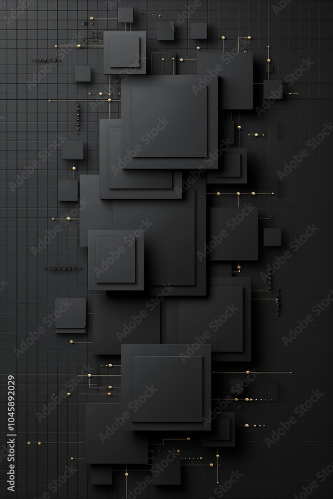 Poster the artwork displays an intricate arrangement of black squares and rectangles layered atop a dark gr