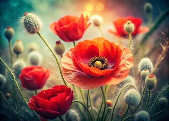 Obraz premium Vintage Red Poppy Flowers with Cocoon in Soft Focus Background for Nature Photography