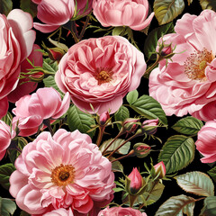 Seamless vector pattern with pink garden roses isolated on a changeable background.