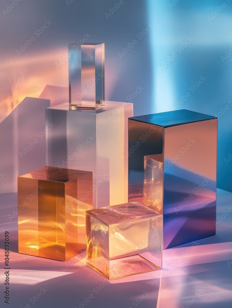 Poster Clear geometric gift boxes in various shapes and colors interact with light, casting enchanting reflections that enhance the ambiance. Generative AI