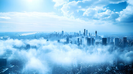 Fototapeta premium Futuristic city skyline with skyscrapers designed to absorb and filter air pollution, using advanced green technology and nanomaterial surfaces