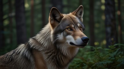 Obraz premium A wolf with golden eyes stands alert in a forest, its fur blending with the shadows.
