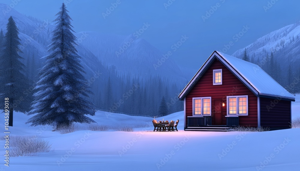 Wall mural A cozy red cabin in a snowy landscape, illuminated at dusk.