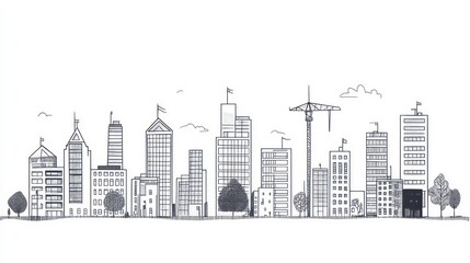 Fototapeta na wymiar Hand drawn sketch of a city skyline with buildings, trees, and a crane.