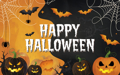 Orange and black pumpkins  bats and spiderwebs  festive Halloween greeting   