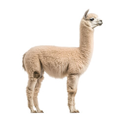 Obraz premium Curious alpaca profile view from the side, isolated on a transparent background. Showcases the alpaca's fluffy fleece and gentle expression for wildlife and farm animal illustrations.