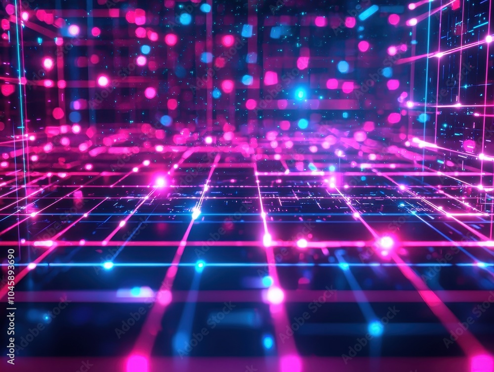 Poster futuristic digital grid with vibrant neon lights and glowing particles, creating a captivating tech-
