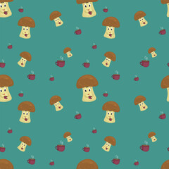 pattern with mushrooms and cup on a blue background