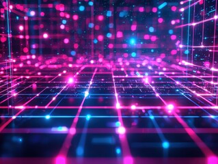 Obraz premium Futuristic digital grid with vibrant neon lights and glowing particles, creating a captivating tech-inspired abstract visual.