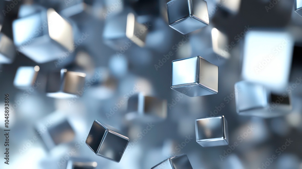 Poster abstract background of silver cubes floating in a blurred background.