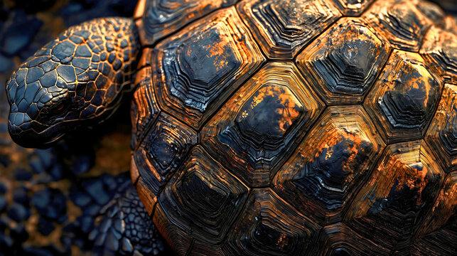 A detailed close-up of a turtle's shell, showcasing its intricate patterns and natural texture, symbolizing protection and resilience, with earthy tones highlighting the organic beauty of the shell's.