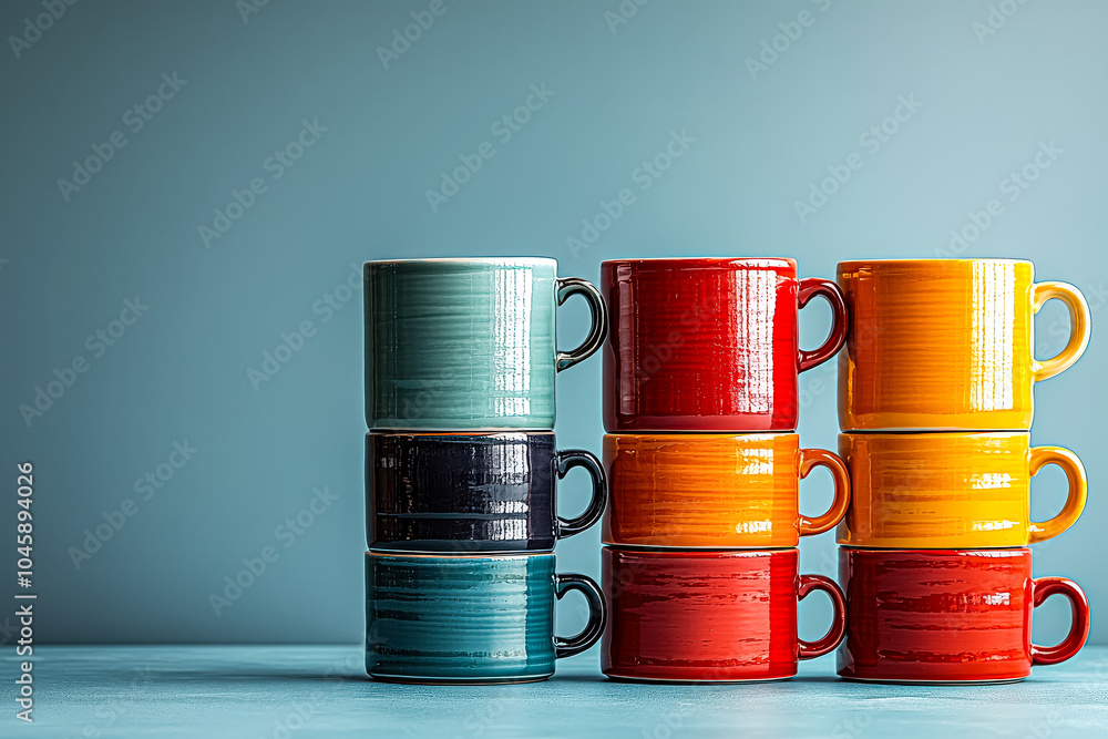 Poster stack of colorful coffee mugs on a table. the mugs are arranged in a pyramid shape, with the bottom 