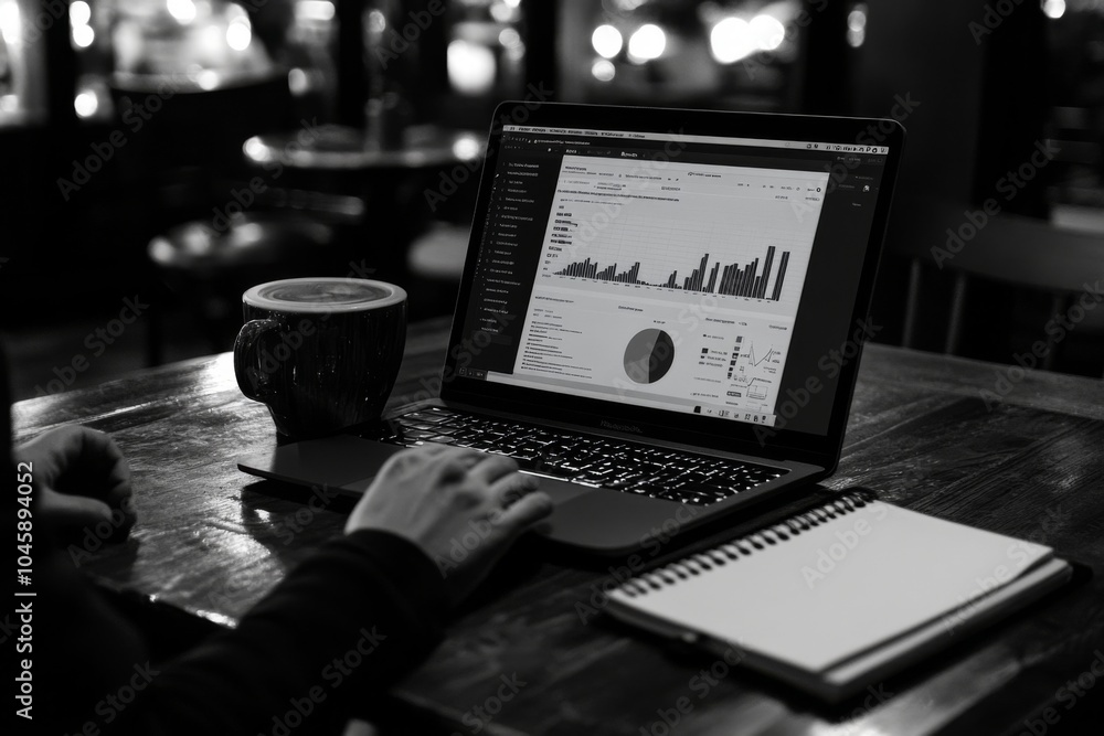 Poster productive workspace: close-up of a person analyzing data trends on a laptop with coffee and notepad