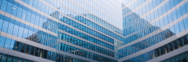 Modern blue glass building reflecting sky  urban architecture  business and success   