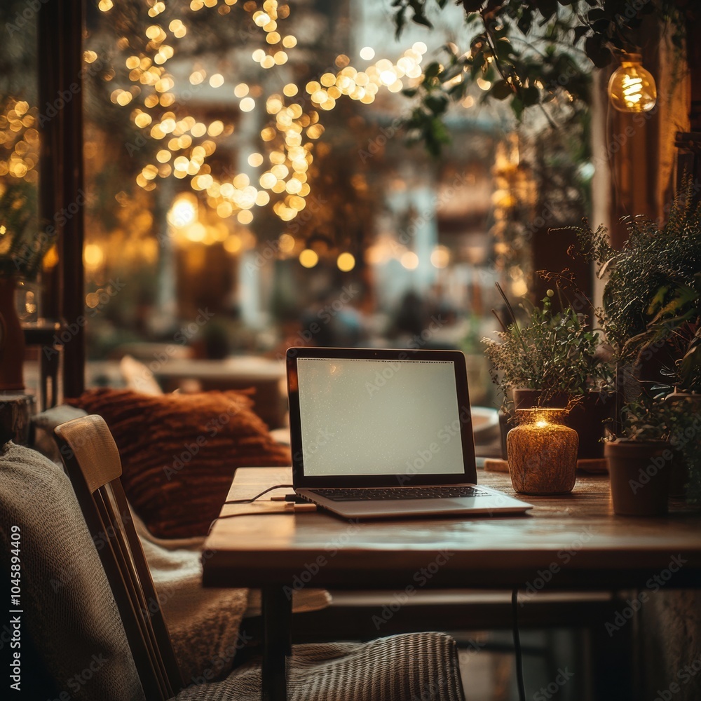 Poster A laptop sits on a rustic wooden table, surrounded by plants and soft lighting, creating a perfect cozy atmosphere for working. Generative AI