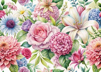Vintage Summer Floral Pattern with Hydrangea, Lily, Roses, and Dahlia - Watercolor Botanical Illustration