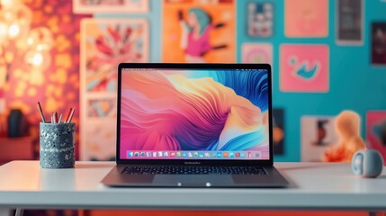 The sleek laptop is placed on a minimalist desk, surrounded by vibrant art, creating an inspiring atmosphere for productivity. Generative AI