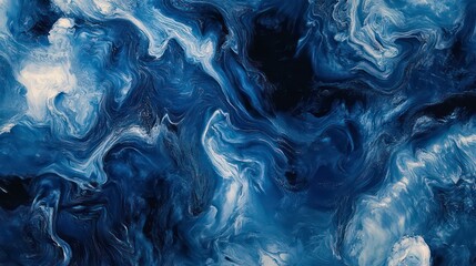 Abstract blue and white marbled background with swirling patterns.