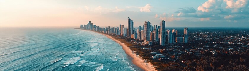 Fototapeta premium A breathtaking panoramic view of a vibrant coastal city skyline with ocean waves, sandy beach, and urban skyscrapers under a clear blue sky.