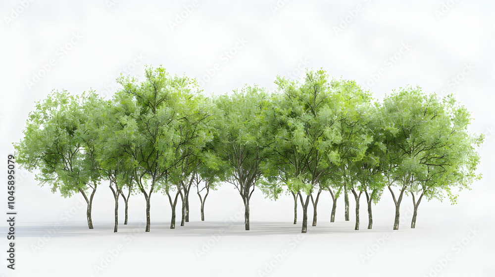 Poster a group of lush, green trees on a white background. the trees are all the same type and are arranged