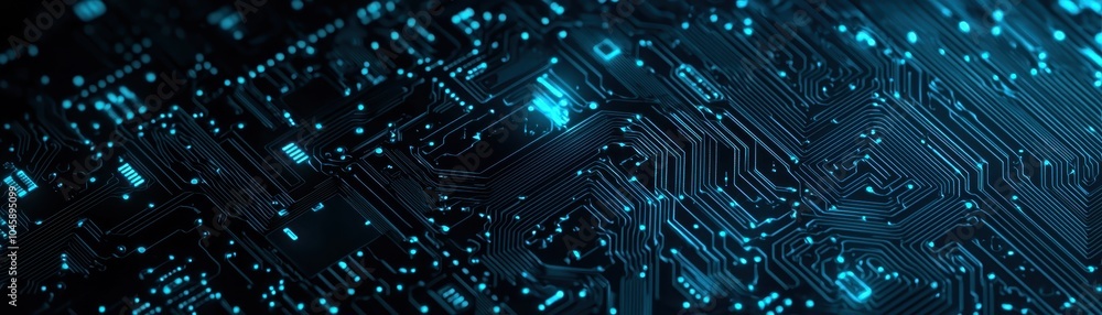 Poster abstract futuristic circuit board pattern glowing with blue lights, depicting digital technology and