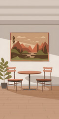 Minimalist interior design featuring brown chairs and a table with a mountain landscape painting   