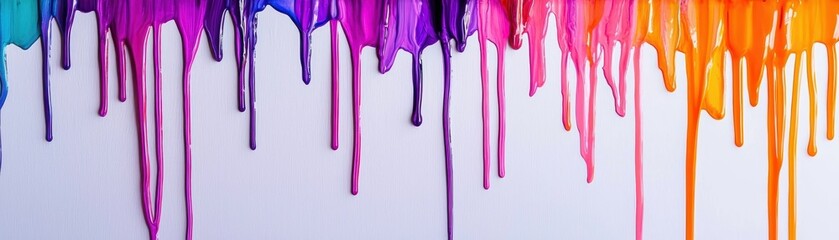 Naklejka premium Colorful paint drippings create a vibrant abstract background with shades of purple, blue, pink, and orange flowing down a white surface.