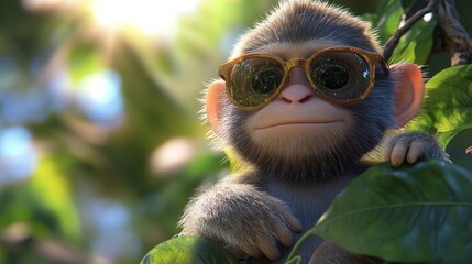 3D render of a monkey with sunglasses, hanging from a vine