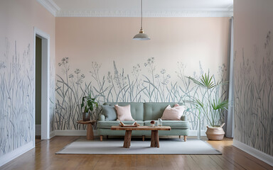 Green Sofa and Grey Floral Wallpaper in a Modern Living Room  Cozy and Tranquil Interior Design   